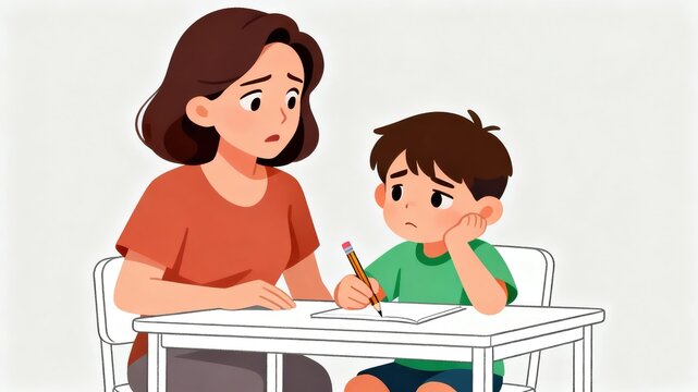 Woman and boy at desk with pencil