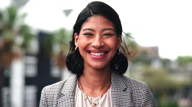 Realtor, face or woman outdoor with smile, commercial career or pride in real estate profession. Happy, portrait or broker on balcony with confidence, leasing agent or about us in property management