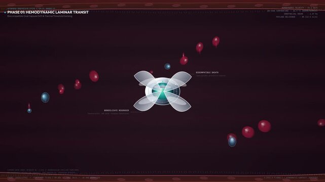 Educational animation of an endovascular nanomedicine capsule traveling through a blood vessel, deploying a shape-memory nitinol bloom, and performing vascular anchoring and micro-injection