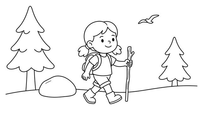 Cute young girl hiking through a forest with a backpack and walking stick in a simple black and white line art style for kids coloring pages