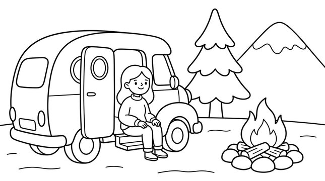 Coloring page of a young girl sitting on the steps of a vintage camper van by a campfire in a mountain landscape.