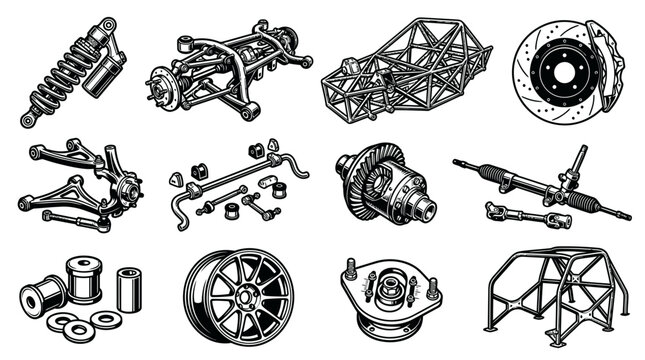 Black and White Line Art Vector of Automotive Performance Parts