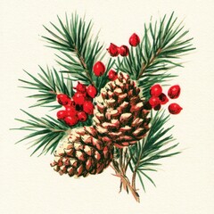 Fototapeta premium Pine cones, evergreen needles, and bright red berries festive botanical art