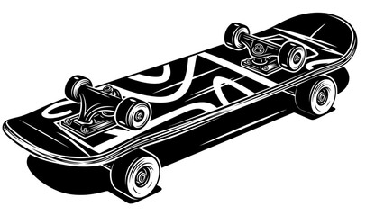 Black and white illustration of a skateboard with a graphic design, isolated on white background. © ISLAH