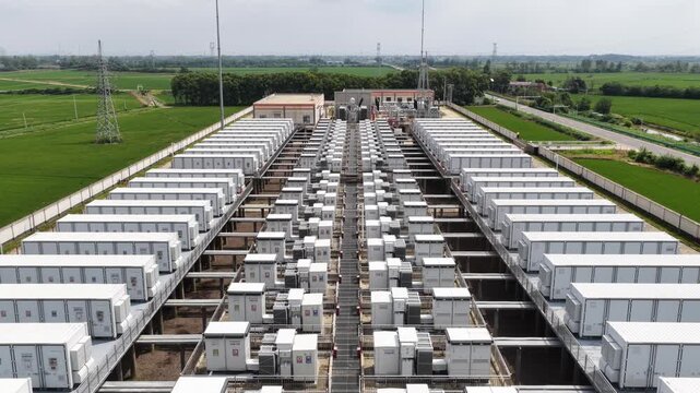 Large outdoor energy storage power station with rows of battery containers