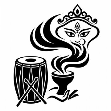 Durga Goddess Illustration With Incense Bowl And Drum Symbolizing Puja Worship And Festival Celebration