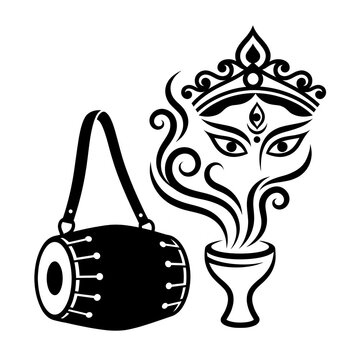 Durga Festival Design With Traditional Dholak Drum And Stylized Goddess Face For Navratri Puja