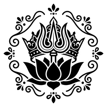 Ornamental Lotus and Trident Emblem With Crown &mdash; Spiritual Hindu Mandala Tattoo Design