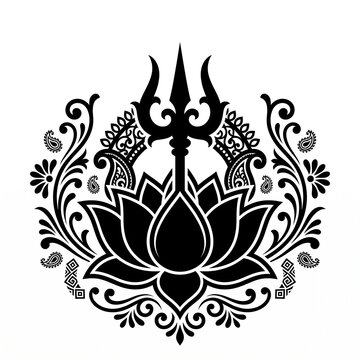 Black Lotus and Trident Mandala Design - Spiritual Hindu Symbol Ornamental Floral Tattoo Vector