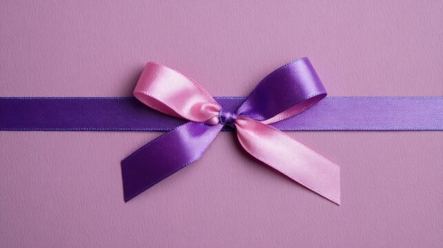 Top view of purple ribbon rolled and pink bow isolated on colored background, flat lay with copy space