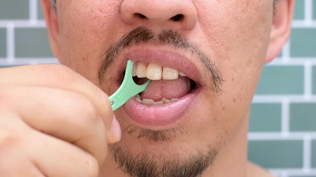 Young man brushing teeth with disposable dental floss close-up against the background of green tiles in the bathroom.