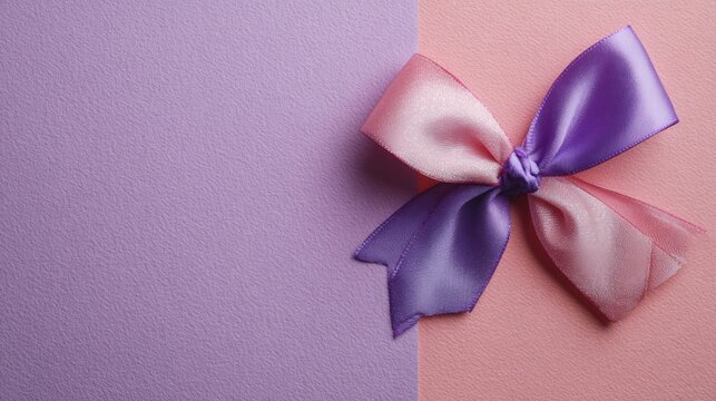 Top view of purple ribbon rolled and pink bow isolated on colored background, flat lay with copy space