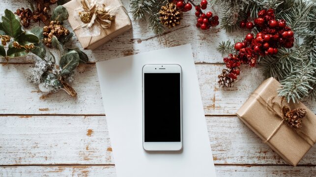 Top view of smartphone and paper on aged white wooden table with Christmas decorations