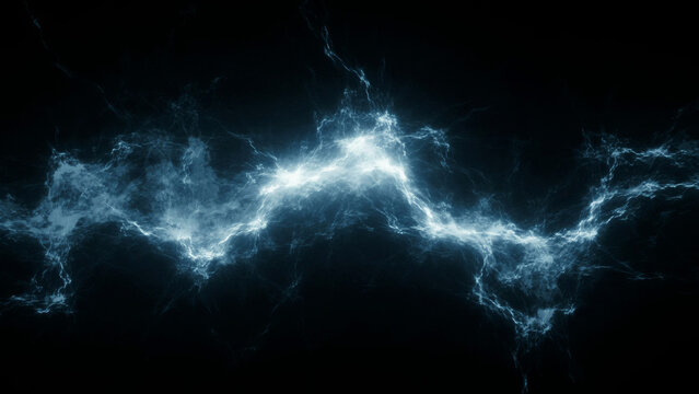 Abstract blue electric lightning flash over black background for energetic sci fi designs.