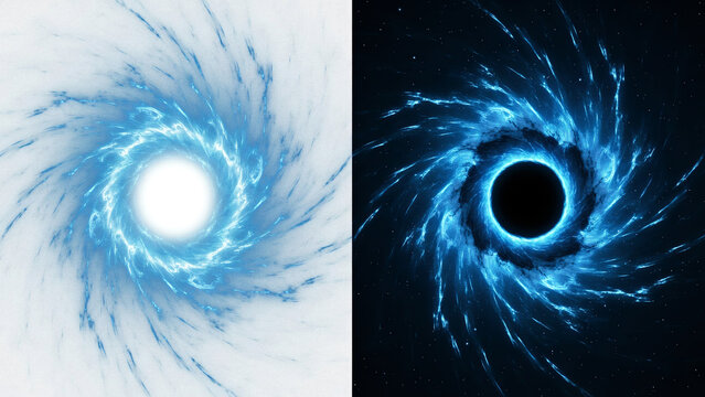 Cosmic black hole abstract spiral portal with blue energy swirls on dual backgrounds.