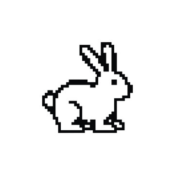 Pixel art rabbit silhouette isolated on white background for retro gaming and digital design projects