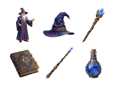 Set of fantasy wizard including a sorcerer, pointed hat, magic staffs, spellbook, and blue potion bottle isolated on a transparent background