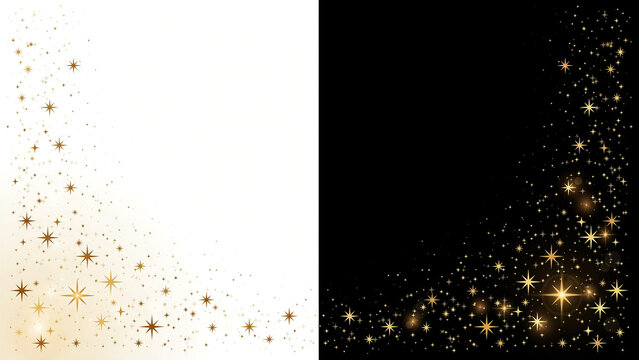 Sparkling gold star dust corner border frame on white and black backdrops.