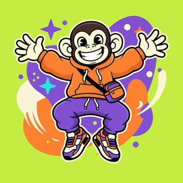 Happy monkey jumping in orange hoodie and purple pants.