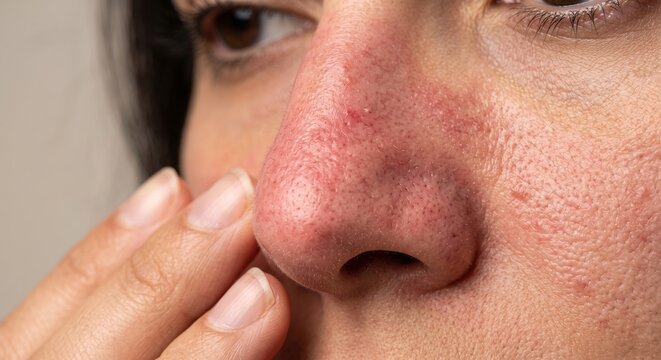 Extreme close up of a woman's nose showing heavily congested skin with blackheads and enlarged pores