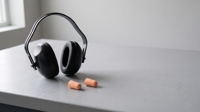 Hearing Protection Earmuffs and Foam Earplugs on a Workbench with Copy Space
