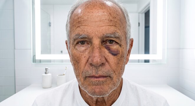 Senior man looking in a bright bathroom mirror reflecting a prominent black eye and severe facial bruising