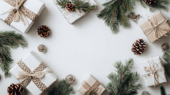 Top view of white Christmas background with many gift boxes, pine branches, and decorations