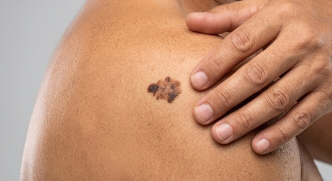 Person's fingers touching a large irregular shaped dark mole or potential melanoma skin cancer on a shoulder