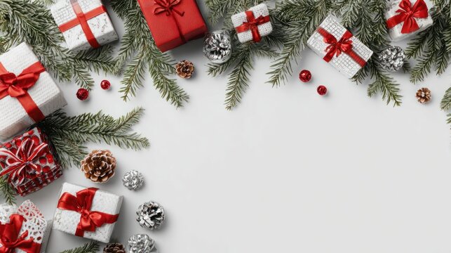 Top view of white Christmas background with many gift boxes, pine branches, and decorations