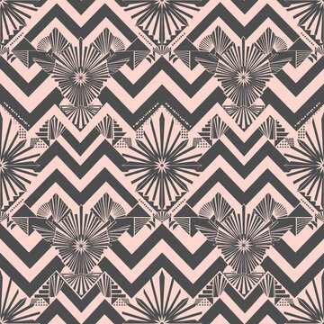 Blush pink art deco chevron sunburst seamless pattern