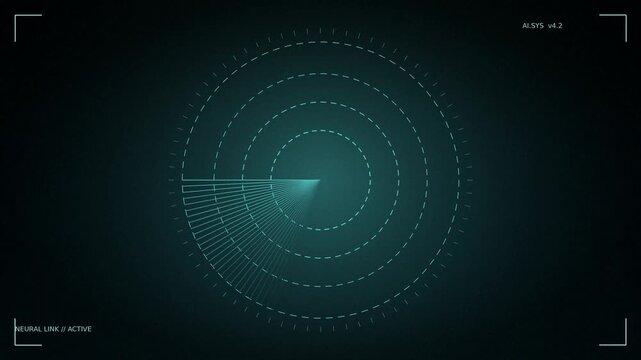 Futuristic teal HUD interface with rotating dashed circles and scanning lines on dark background , Abstract sci-fi circular scanner with concentric rings spinning in opposite directions