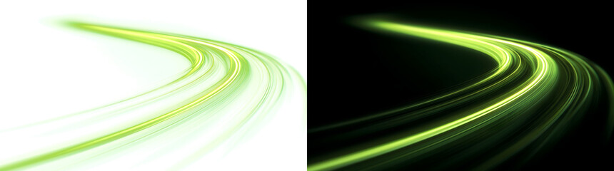 Curved green light trails with soft motion blur and fine streaks for automotive and energy designs in PNG, Transparent and Black Background Versions © mac
