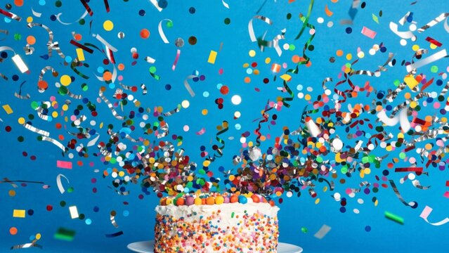 Birthday cake with colorful sprinkles and confetti explosion on a