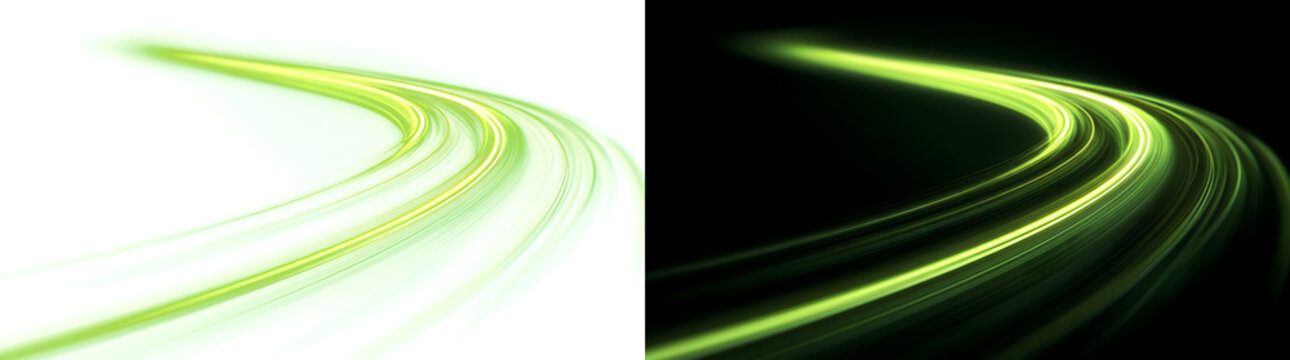 Curved green light trails with soft motion blur and fine streaks for automotive and energy designs in PNG, Transparent and Black Background Versions