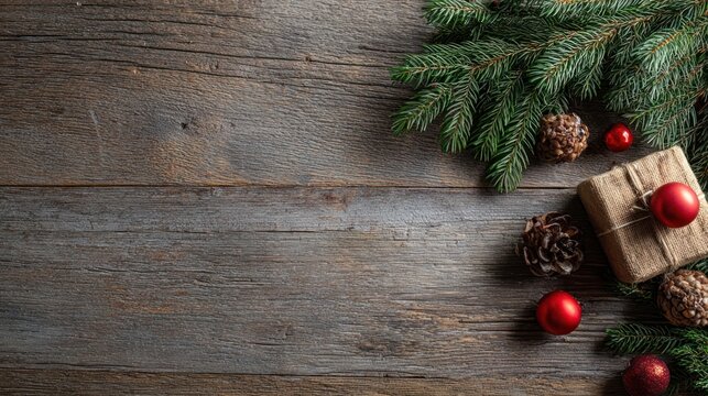 Top view of wooden background with Christmas props and fir tree branches