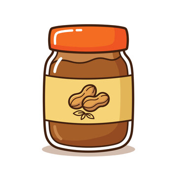 Cartoon glass jar of creamy peanut butter with orange lid and label