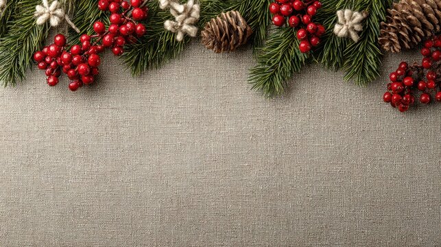 Top-down horizontal photo of Christmas-themed linen background with spacious copy space for text or design elements