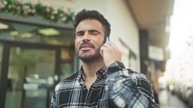 Man holding smartphone to ear, wearing plaid shirt and smartwatch, standing outside a storefront on a street; thoughtful reflection.