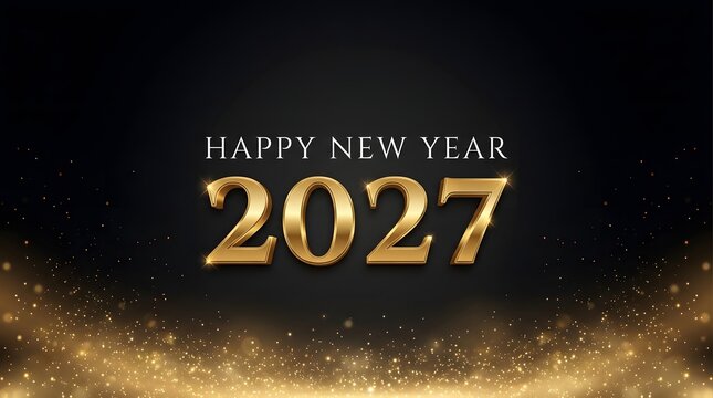 Happy new year 2027 golden text with glitter on black