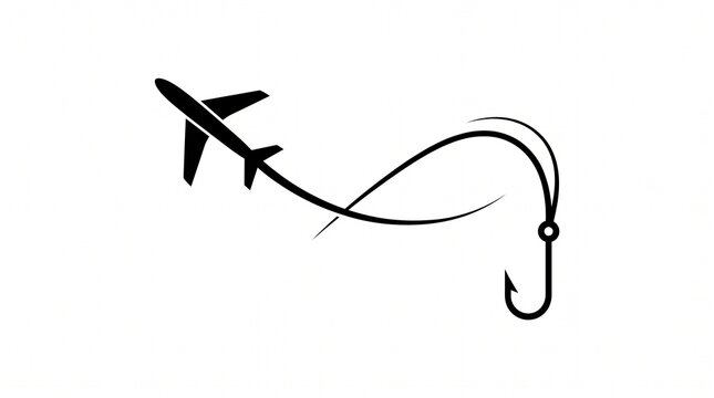 Airplane flying with a fishing hook travel concept icon illustration