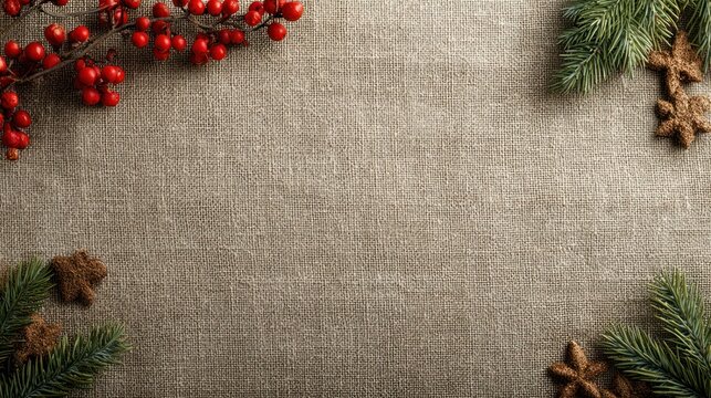 Top-down horizontal photo of Christmas-themed linen background with spacious copy space for text or design elements