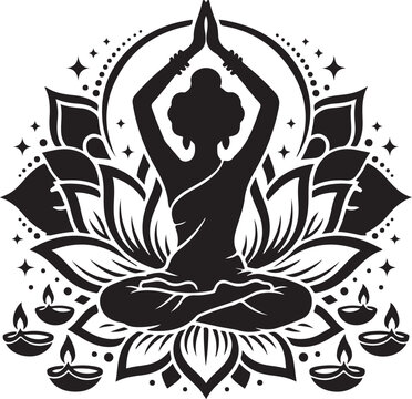 Goddess lakshmi meditating on lotus flower with diwali oil lamps silhouette vector illustration isolated on white