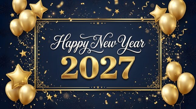 Happy new year 2027 greeting card with golden balloons