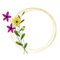 Gold wreath, floral frame with wild flowers. Hand painting geometric golden  greeting background. Digital illustration isolated on white background. © Larisa
