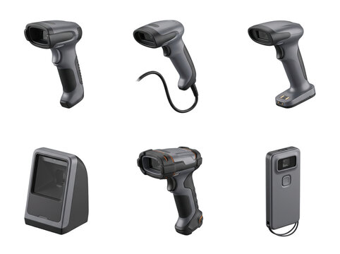 Collection of various handheld and desktop barcode scanners in grey plastic housing for retail inventory isolated on a transparent background
