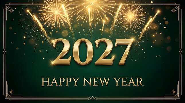 Happy new year 2027 golden text with fireworks
