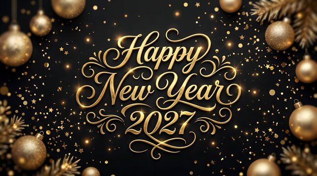Happy new year 2027 gold calligraphy on black background