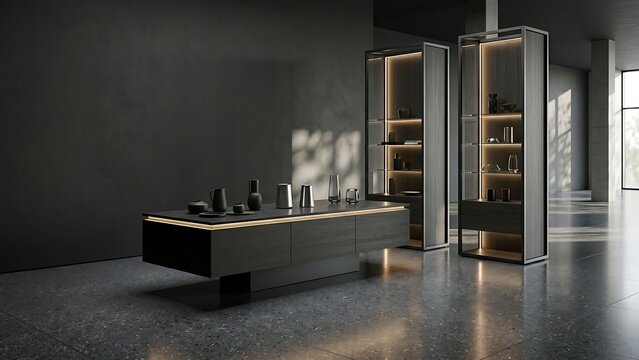 Elegant modern minimalist interior design of a luxury showroom featuring illuminated glass display cabinets and a dark gray floating cabinet with decorative objects on a polished terrazzo floor