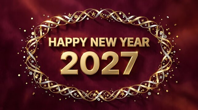 Happy new year 2027 gold text with ribbon on red