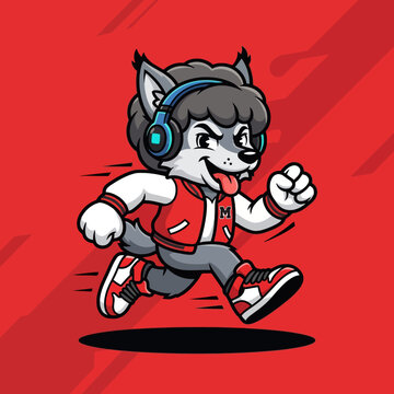 Running wolf mascot wearing headphones and varsity jacket.